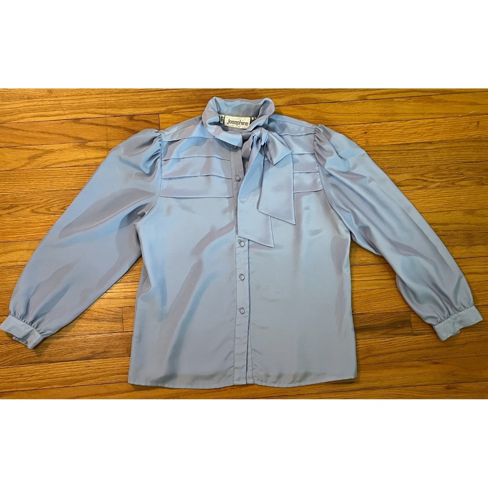Vintage Josephine Granny Chic Light Blue Silky Shirt w/Bow Blouse Women 10